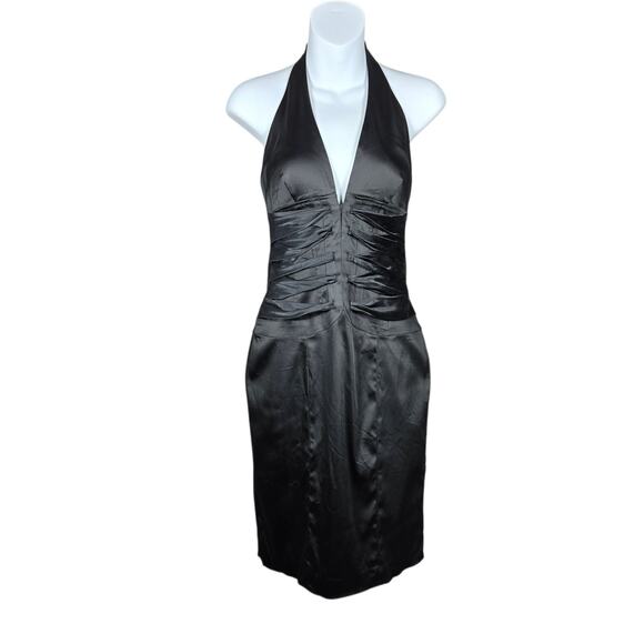 Cache Dresses & Skirts - Cache Dress Womens 2 Black Satin Halter Sheath Cocktail Party Wedding Guest Knee
